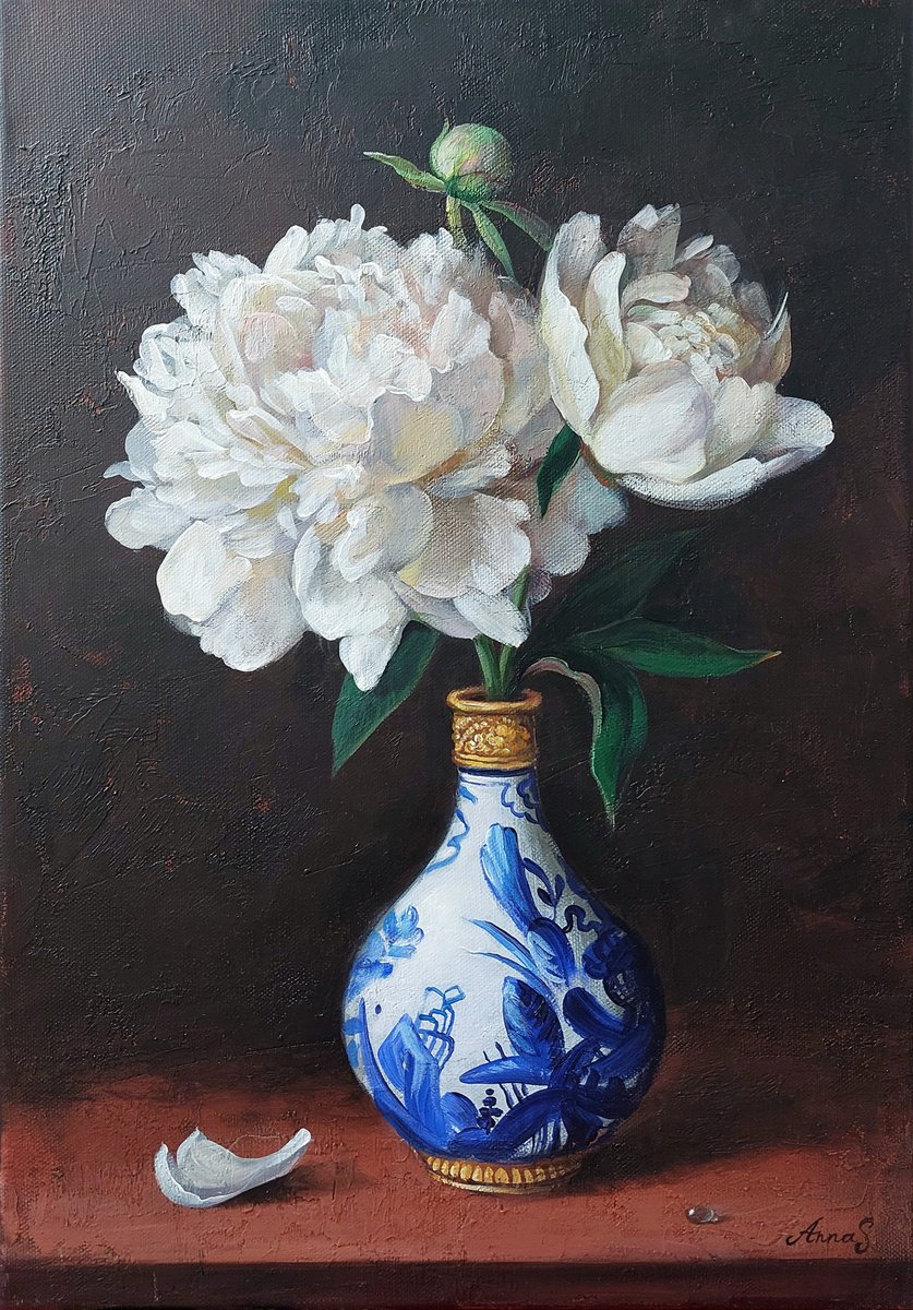 Impressionistic Botanical Acrylic Painting By Anna Silabrama, 14 X 20, - ?Peonies In A Chinese Vase - ?, Original Artwork