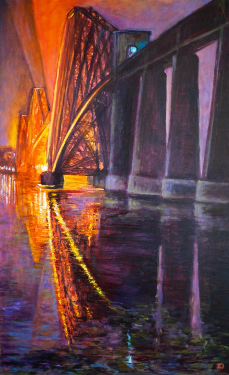 Impressionistic Cityscapes Oil Painting By Liudmila Pisliakova, 24 X 38", Forth Bridge, Original Artwork