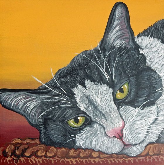 Tuxedo Black White Pet Cat Original Art Painting-8 x 8 Inches Deep Set Stretched Canvas-Carla Smale