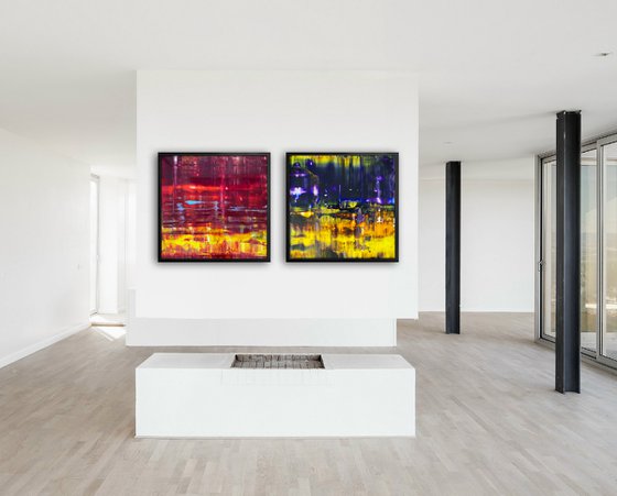 "The Bold And The Beautiful" - Save As A Series - Original PMS Abstract Diptych Oil Paintings On Plexiglass, Framed - 52" x 26"