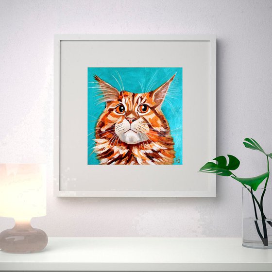 Funny Ginger, Cat Oil Painting Original Art Ginger Maine Coon Pet Portrait