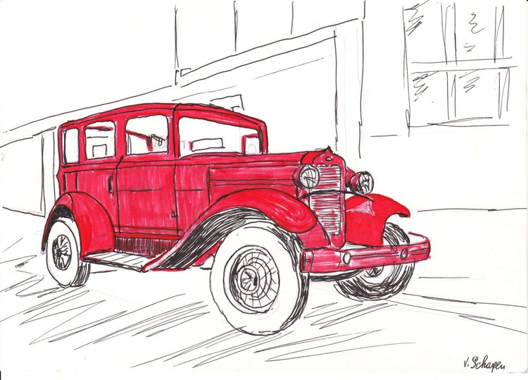 Vintage Red Old Car Black And White Drawing Artfinder