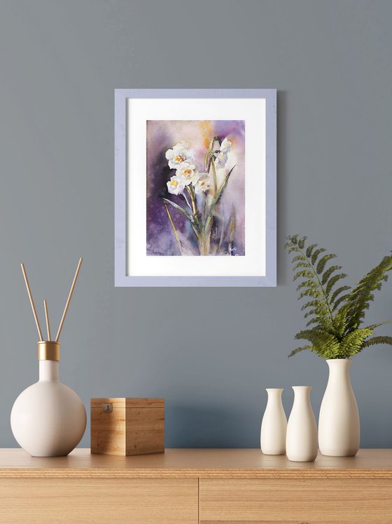 "White daffodils on purple"