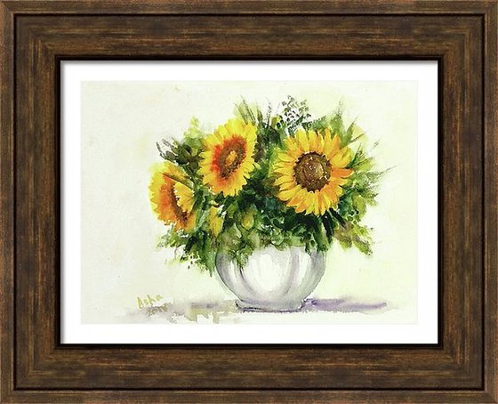 Van Gogh Vase of Sunflowers Watercolor Floral painting- 10.25"x 14.40"