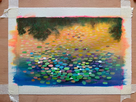 Water lily pond at sunset! Painting on paper