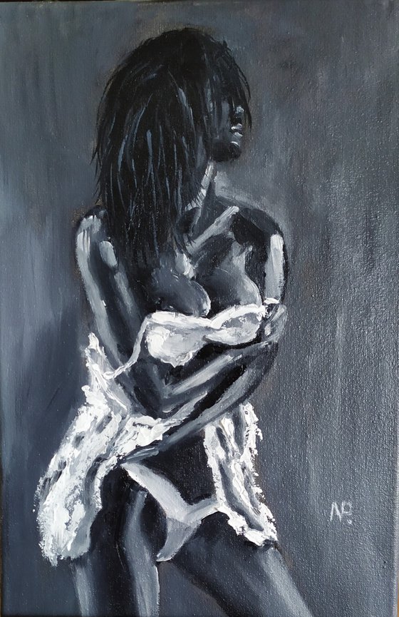 White panties, original erotic nude oil painting, Gift, bedroom painting