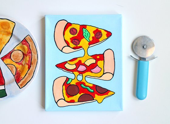 Pizza Three Slices Pop Art Painting on Miniature Canvas