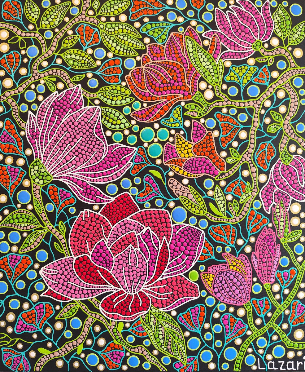 Expressive Botanical Acrylic Painting By Oxana Lazari, 20 X 24", Magnolia, Original Artwork