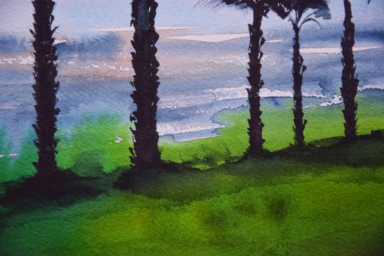 Palms Watercolour Painting, Sea Beach Original Art, Coastal Wall Decor