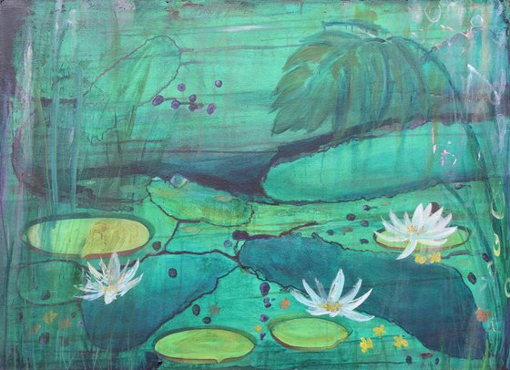 Water Lilies 1 - Impressionist Abstract of Tropical Leafy Water Lily