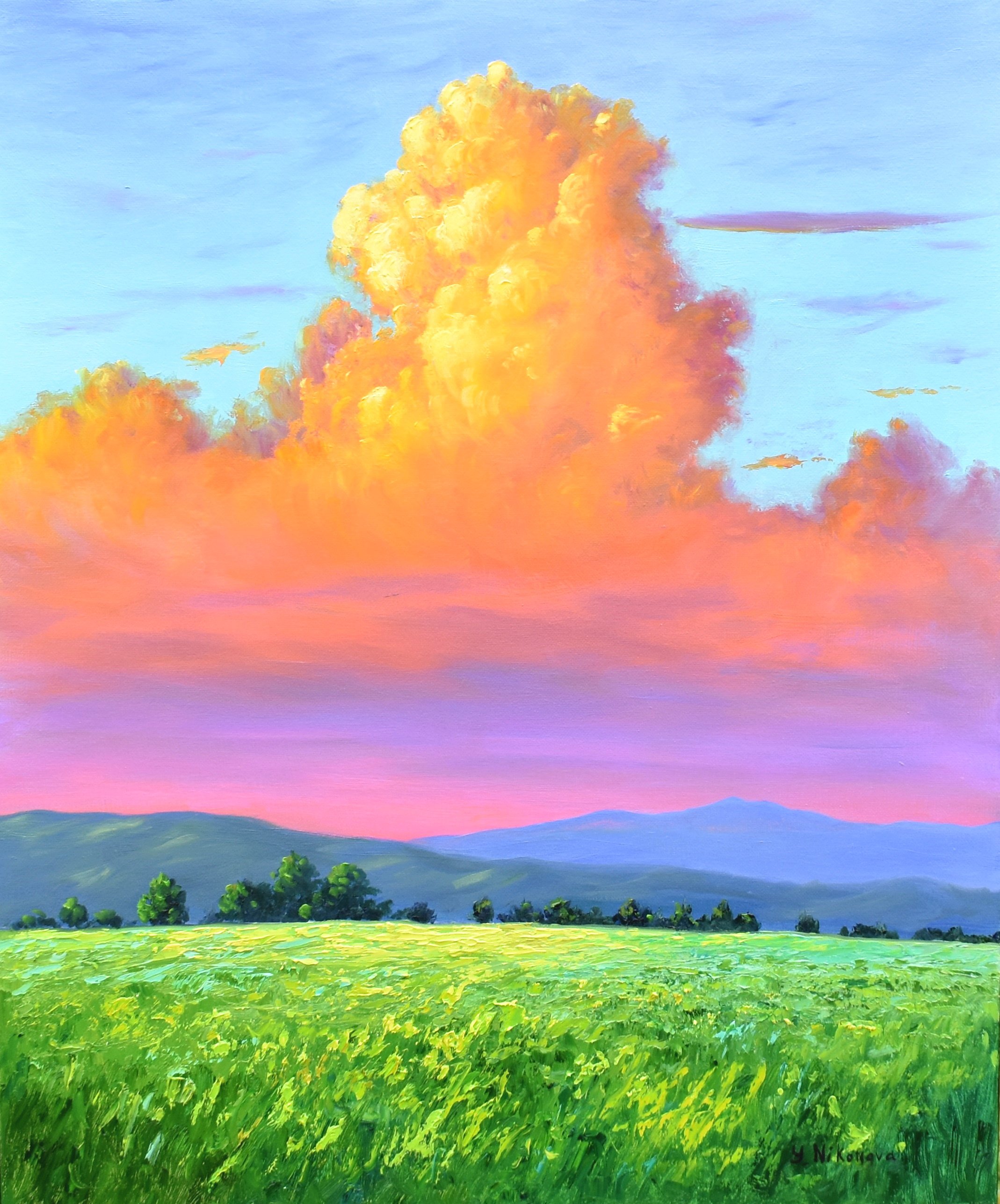 Impressionistic Landscape Oil Painting By Yulia Nikonova, 20 X 24", Evening Clouds Over Fields, Original Artwork