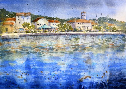 Veli Iž panoramic Croatia 25x36 cm 2023 by Nenad Kojić watercolorist