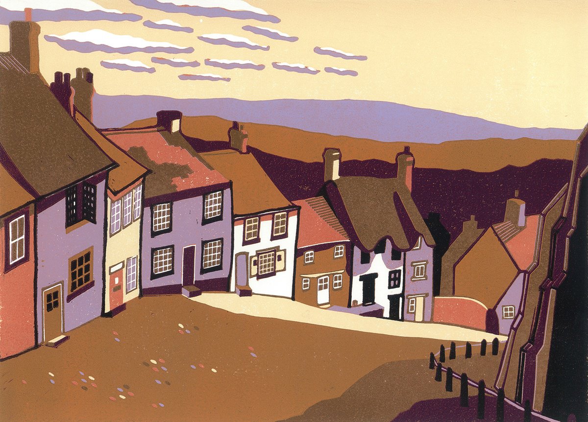 Gold Hill II, signed original linocut print, Limited Edition by Cecca Whetnall