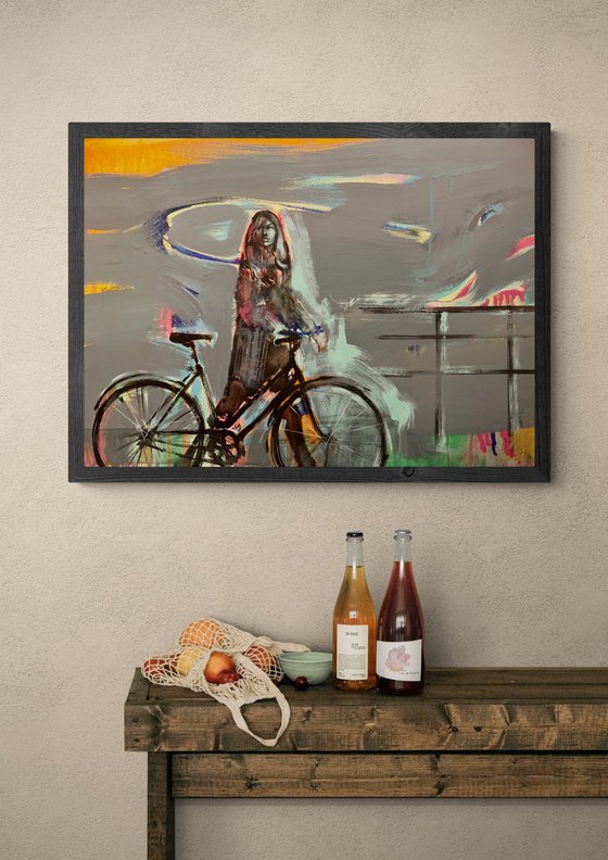 Big painting - "Autumn" - Girl - Bikes - Bicycle - Pop Art - Urban