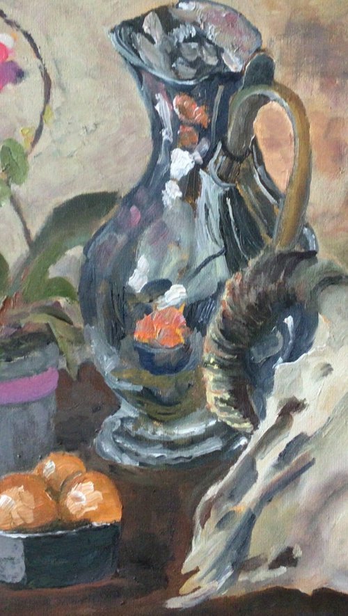 Vase of Orchids, silver coffee pot, bowl of fruit and a rams head skull, painting by Julian Lovegrove Art