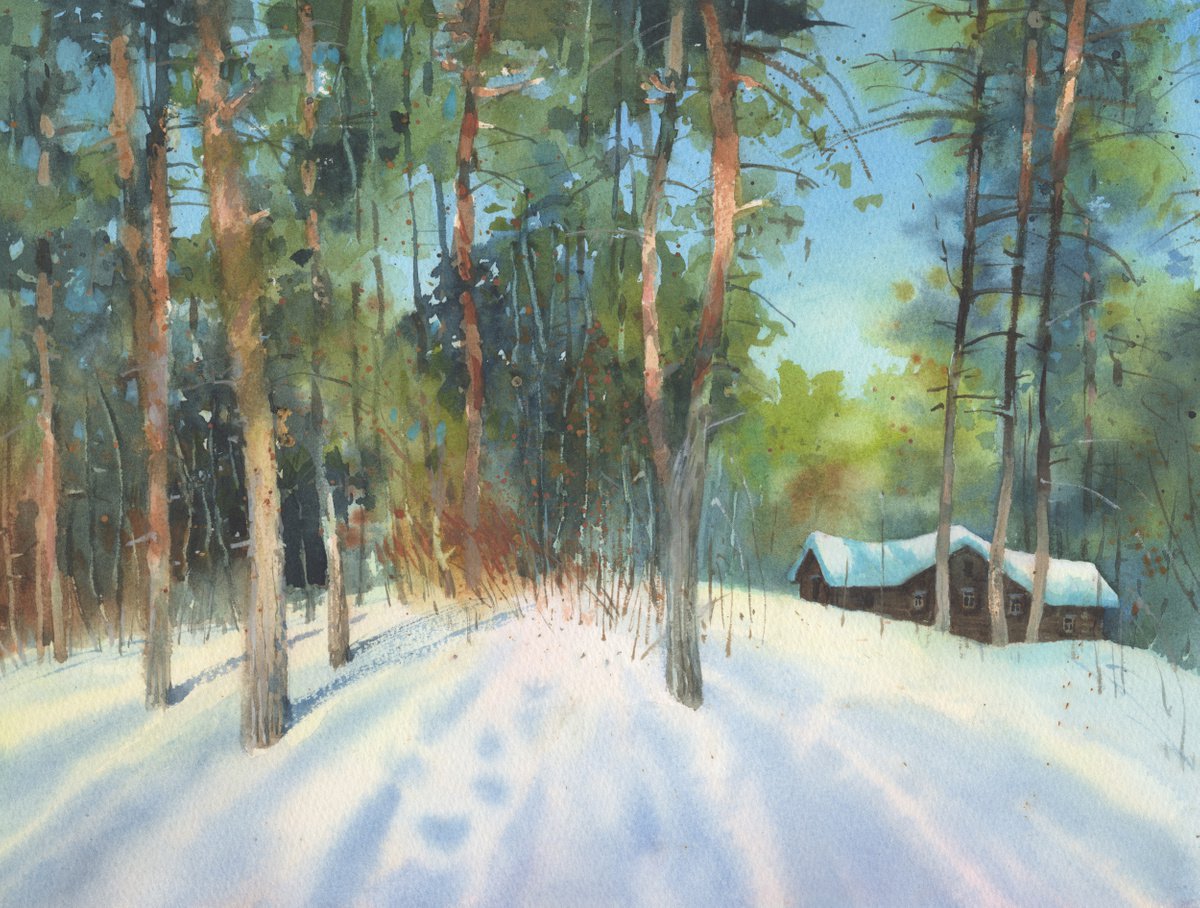 Winter Landscape painting watercolor by Samira Yanushkova