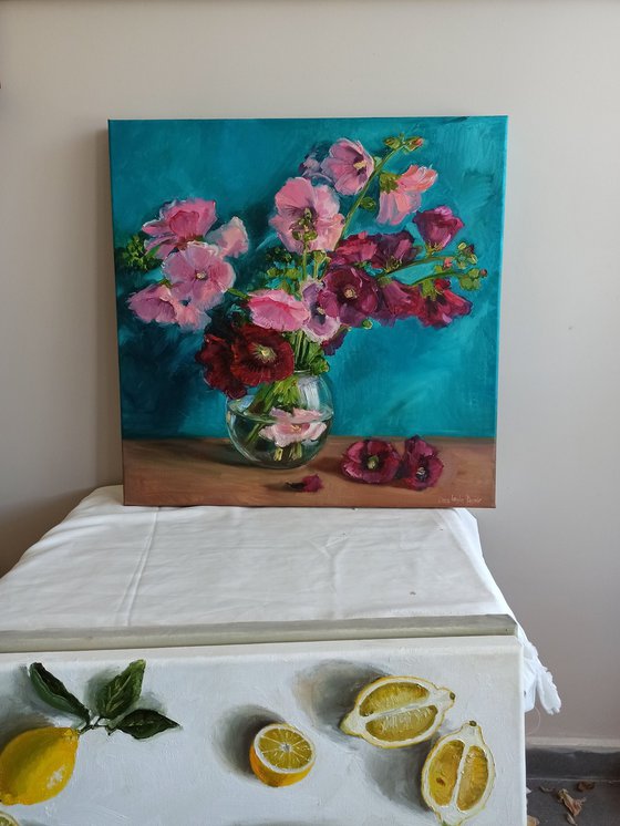 Hollyhocks pink Mallows flowers