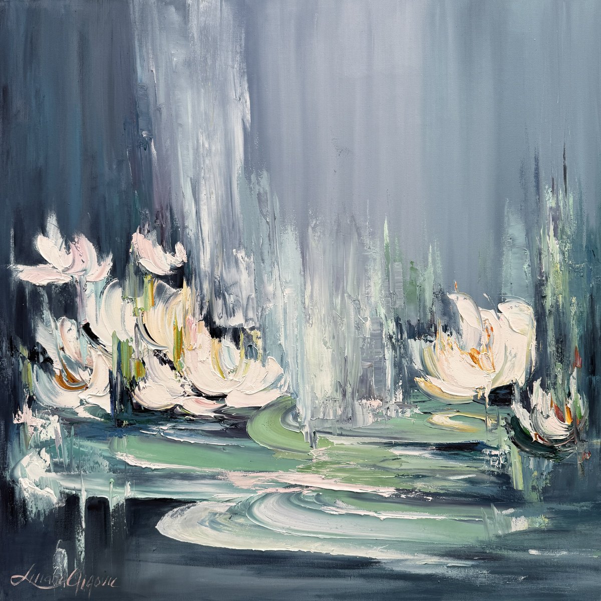 Impressionistic Botanical Oil Painting By Liliana Gigovic, 36 X 36", Water Lilies No 194, Original Artwork