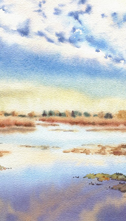 Ukrainian watercolour. Cold day by the lake. Autumn by Nina Zakharova