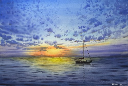 Sunset and Sailboat. by Erkin Yılmaz