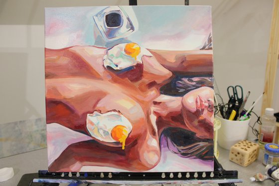 I CAN COOK ALSO - oil painting, eggs, nude, naked woman, erotic art, original gift, home decor, poster, office, pop art