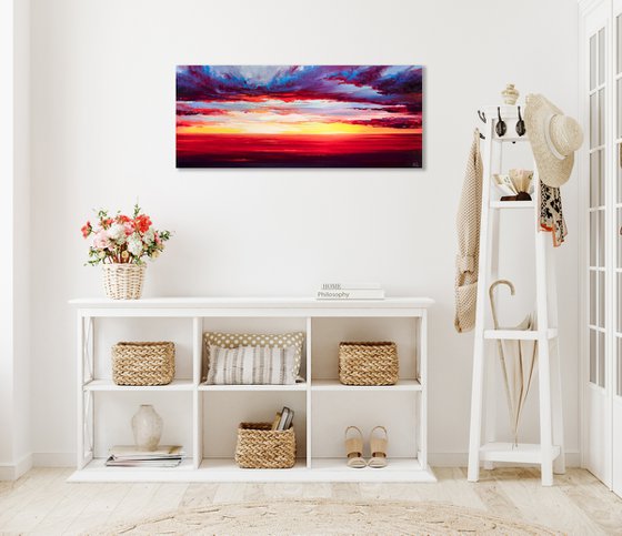 Red Sunset at the sea. Colorful Sky Oil Painting