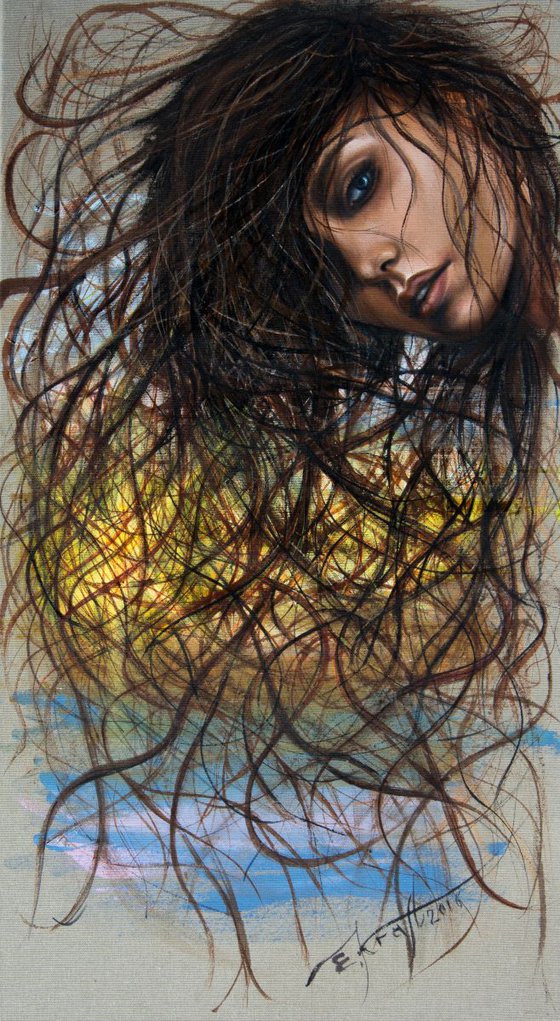 "Sun in your hair lace", original acrylic painting, 50x90 cm, ready to hang