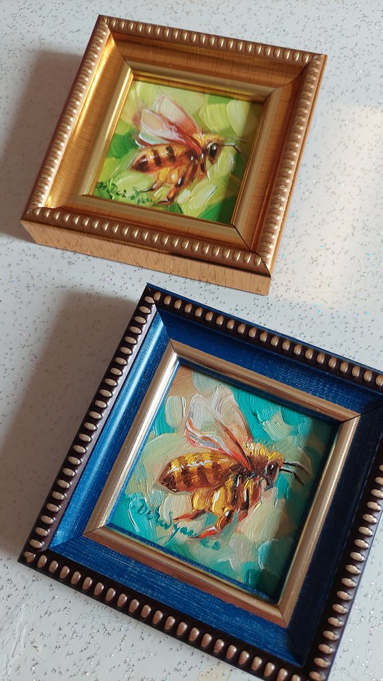 Bee art oil painting original 2x2, Bee artwork turquoise, Honey bee wall art tiny