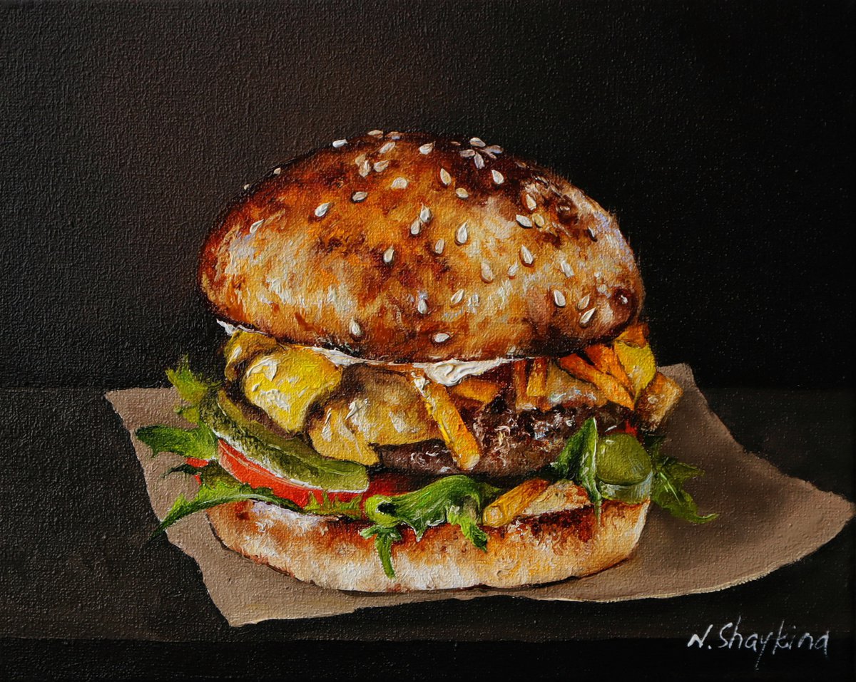 Burger Painting Food Original Art Oil Painting by Natalia Shaykina