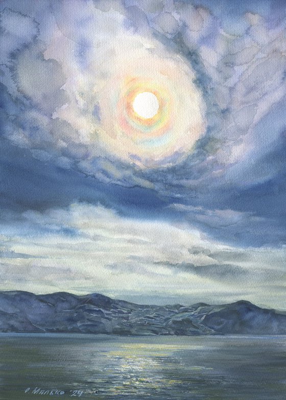 Somewhere in Iceland. Full Moon (Rainbow eye) / ORIGINAL watercolor ~11x14in (28x38cm)
