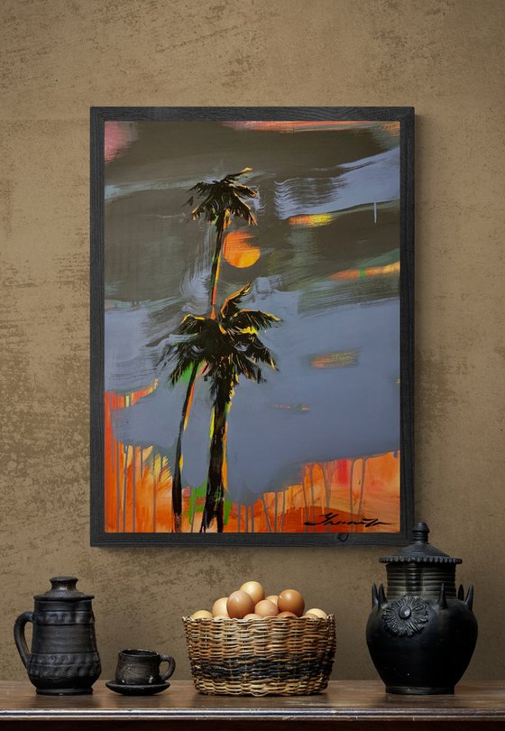 Expressionist painting - "Storm at sunset" - Pop Art - Palms and Sea - Night seascape - Sun - Orange Sunset