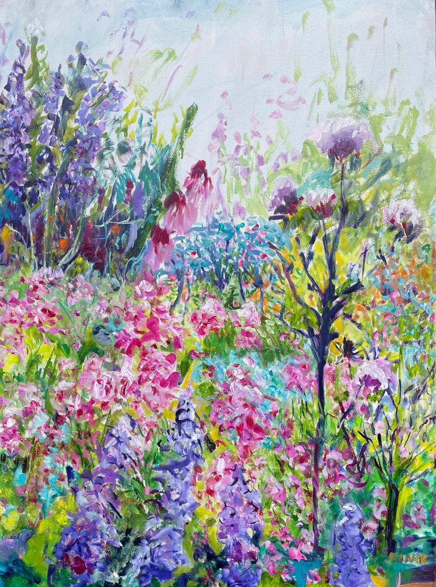 Impressionistic Landscape Oil Painting By Maureen Finck, 30 X 40", Three Echinacea Flowers, Original Artwork