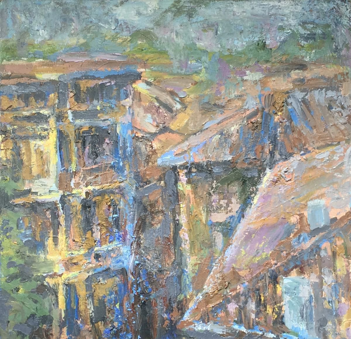 Impressionistic Cityscapes Oil Painting By Louise Gillard, 18 X 18", Rooftops, Nimes, France, Original Artwork