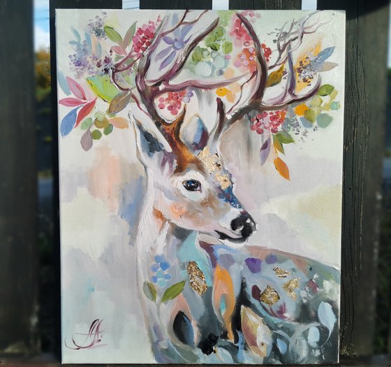 Animals set, Deer painting on canvas, Animals wall art, Boho painting