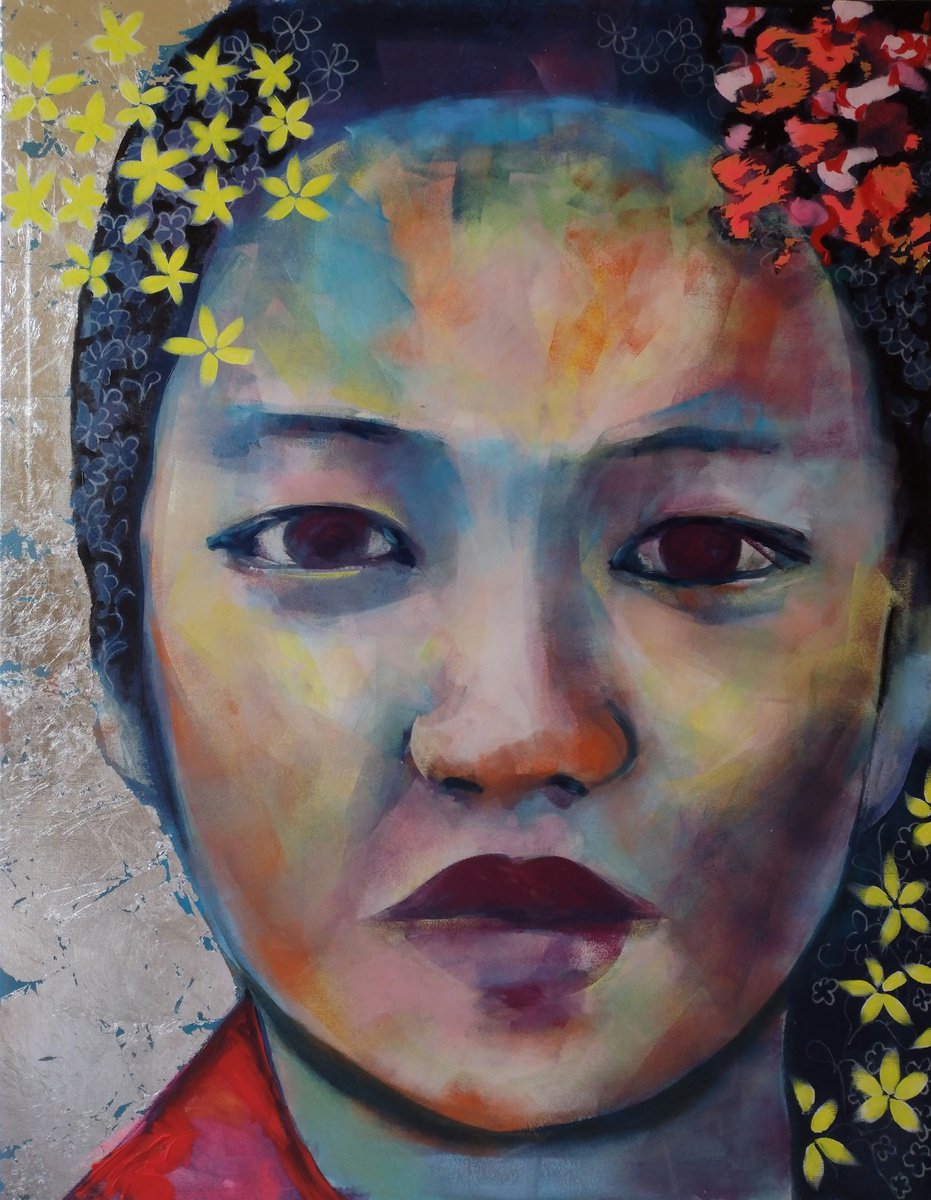 Expressive Portrait Acrylic Painting By Marina Del Pozo, 35 X 46", Take On Me, Original Artwork