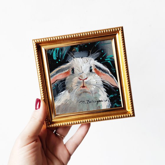 Cute rabbit painting original oil framed 4x4, Small framed art white rabbit artwork black background