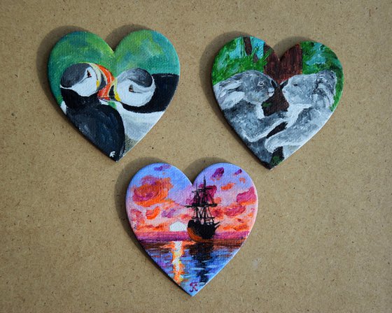 Ship painting, heart decor, fridge magnet, sunset seascape painting, romantic gift