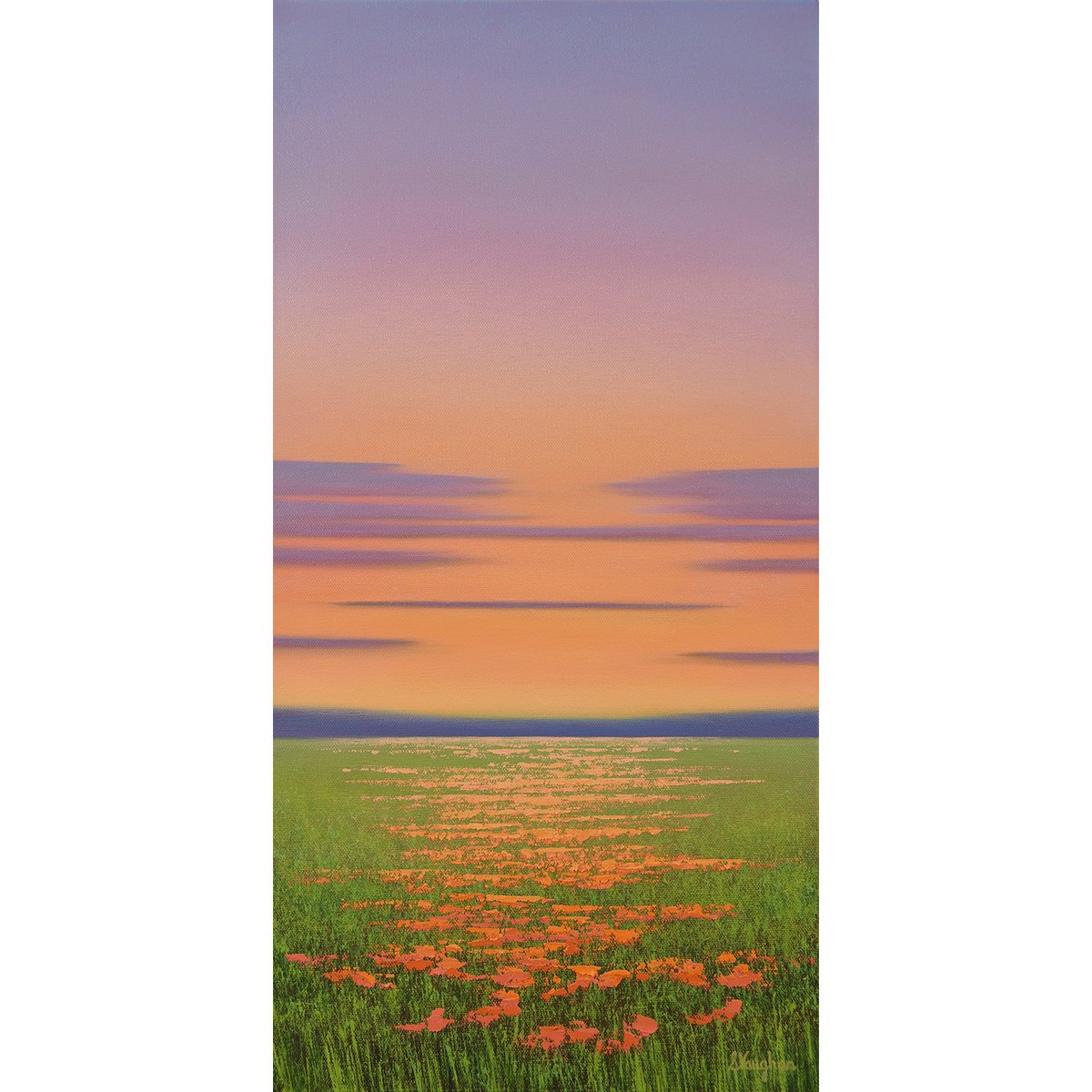 Impressionistic Landscape Oil Painting By Suzanne Vaughan, 12 X 24", Blushing Sky - Flower Field, Original Artwork