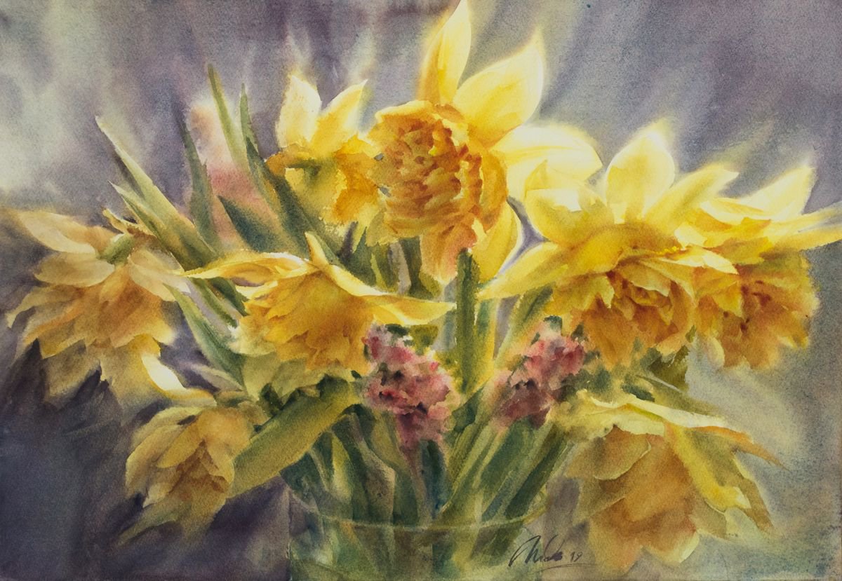 Impressionistic Botanical Watercolour By Lida Duchnewitsch, 26 X 19", Bouquet Of Daffodils, Original Artwork