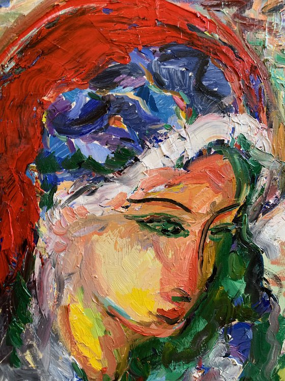 GIRL WITH APPLE IN A RED SCARF  female portrait, face, original oil painting, oriental theme 70x50