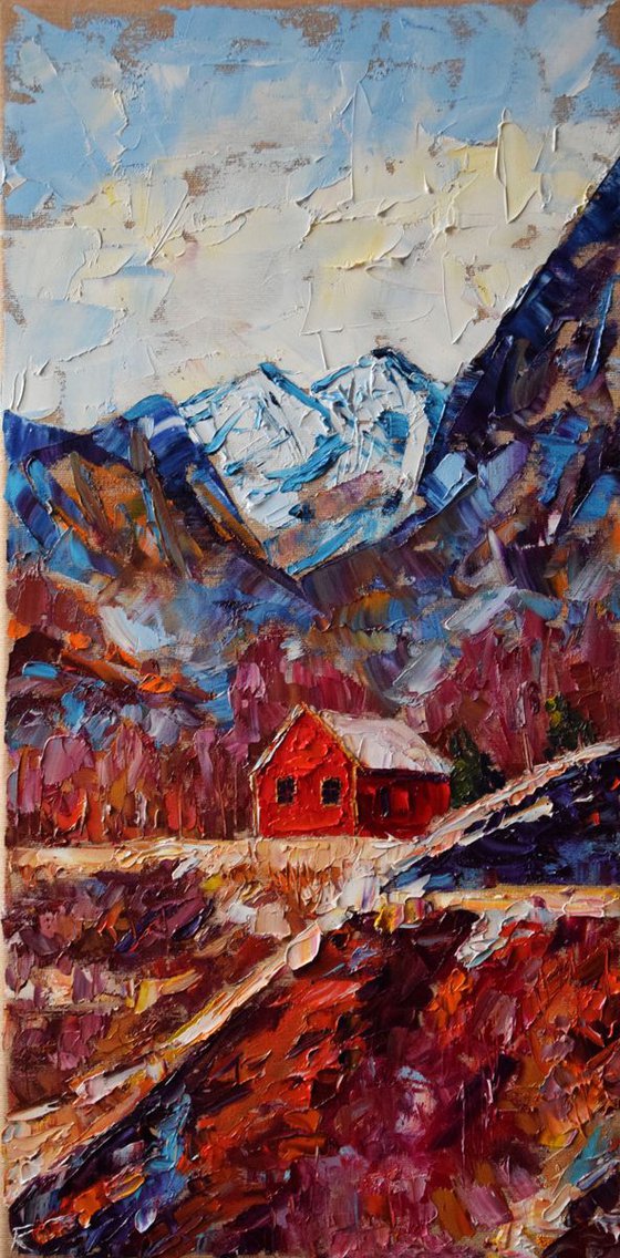 Original palette knife oil painting Red house in Norway mountains