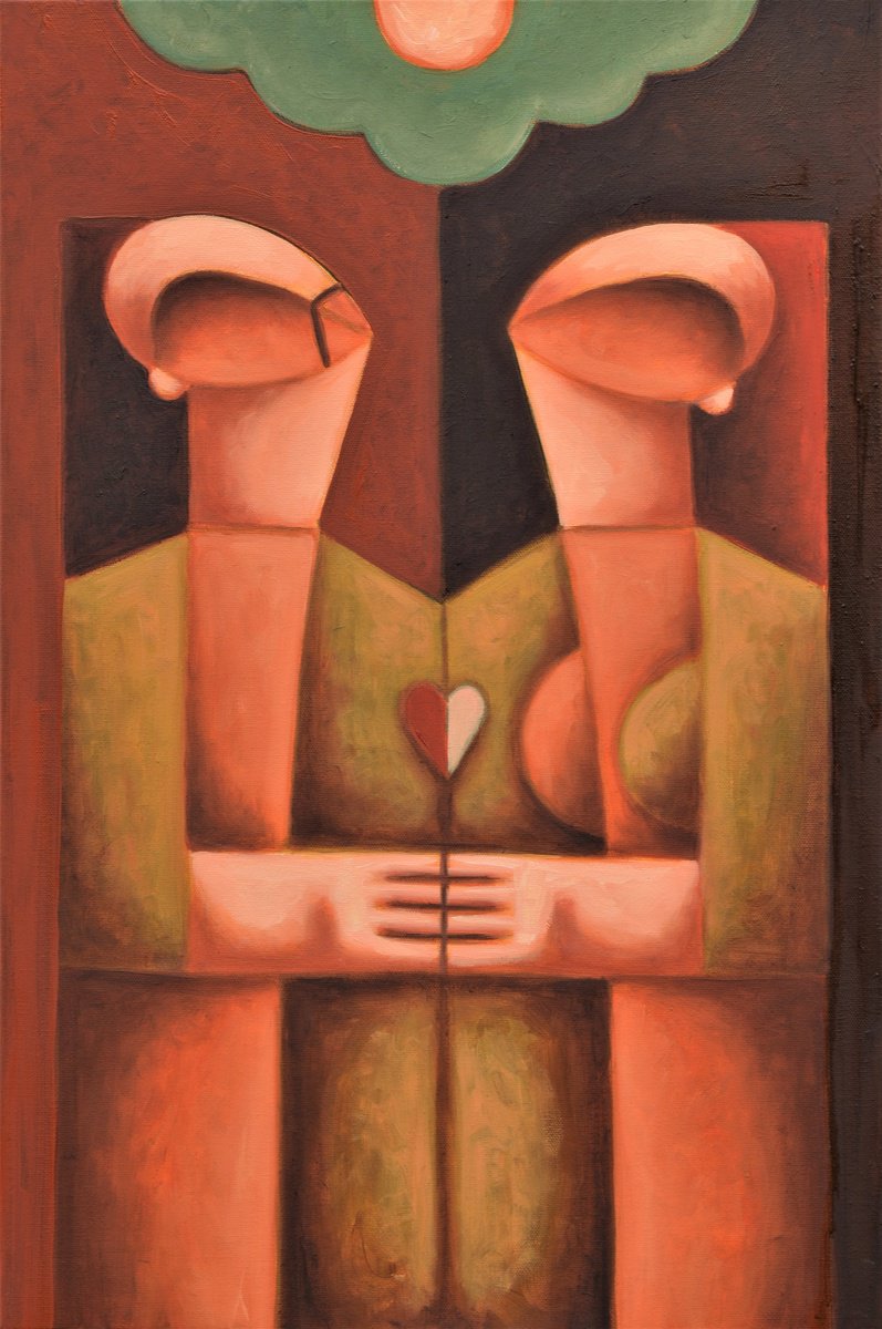 Surrealistic Portrait Oil Painting By Malasits Zsolt, 16 X 24", Love Blooms In Any Weather, Original Artwork