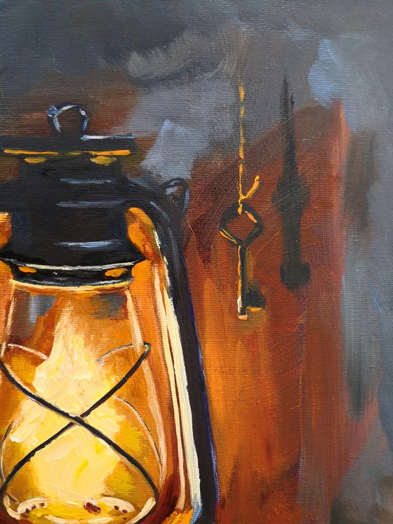 Hot kerosene lamp and a key still life