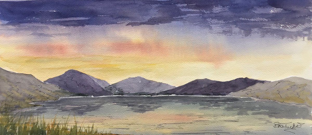 Impressionistic Landscape Watercolour By Brian Tucker, 18 X 8, Evening At Derwentwater, Original Artwork