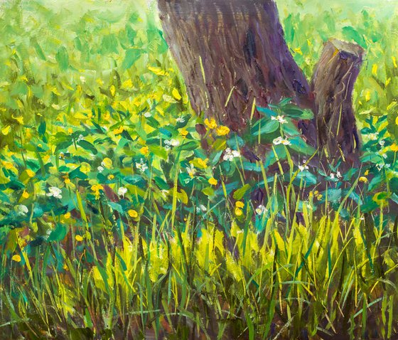 Spring in garden - new spring sunny landscape painting by Valery Rybakow