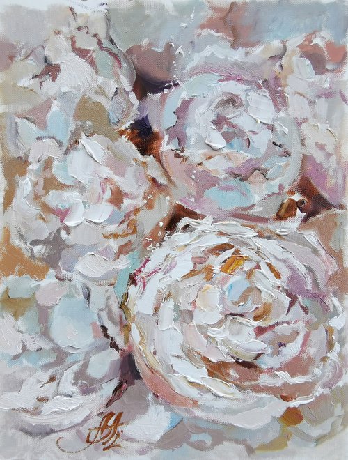 White flowers painting, Peonies painting on canvas, Peony Flowers Original by Annet Loginova