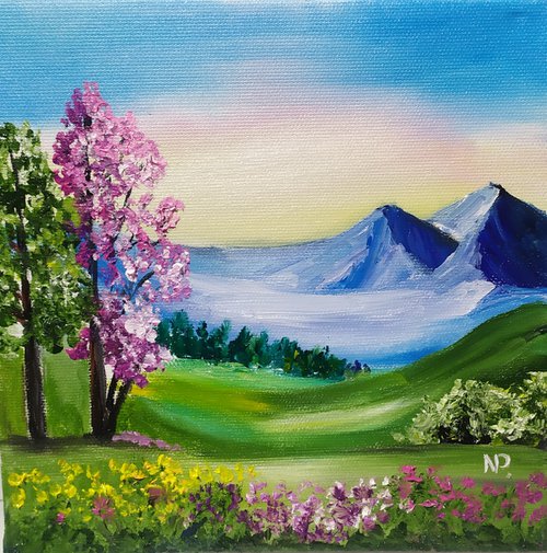 Spring, small landscape oil painting, trees, hills, gift art, bedroom painting by Nataliia Plakhotnyk