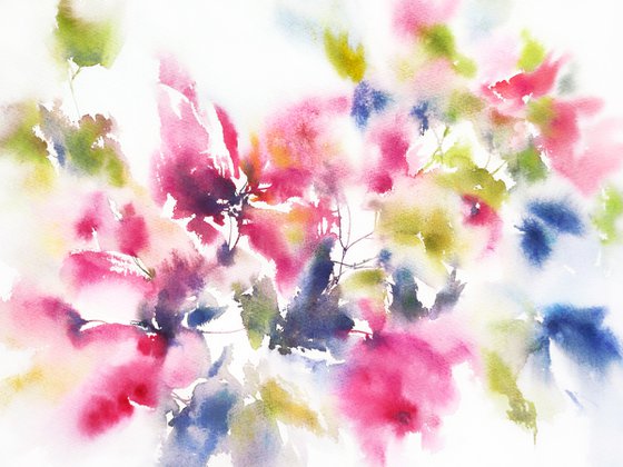 Pink abstract flowers, watercolor