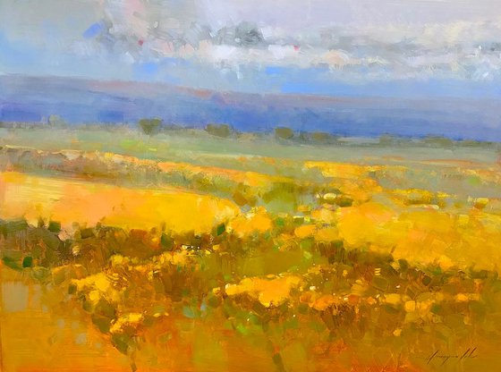 Field of Yellow Flowers, Original oil painting, One of a kind Signed
