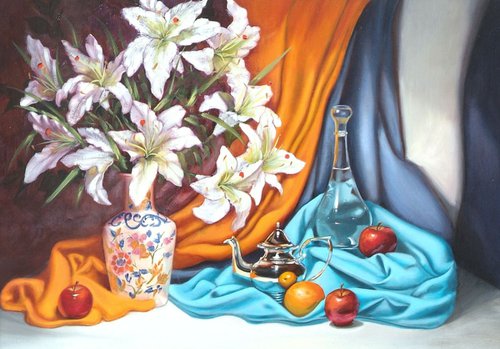 Lillies with silver coffee pot and water carafe by mauro ispani